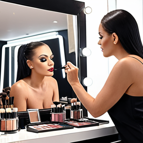 **A beauty shop interior, showcasing a makeup artist applying signature makeup to a client, embodying the shop's philosophy of enhancing individual beauty, with a focus on personalized service and client connection.**