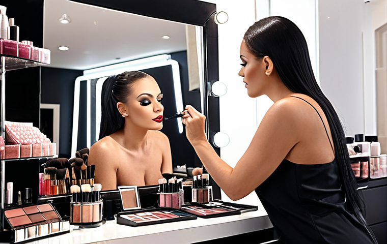 **A beauty shop interior, showcasing a makeup artist applying signature makeup to a client, embodying the shop's philosophy of enhancing individual beauty, with a focus on personalized service and client connection.**