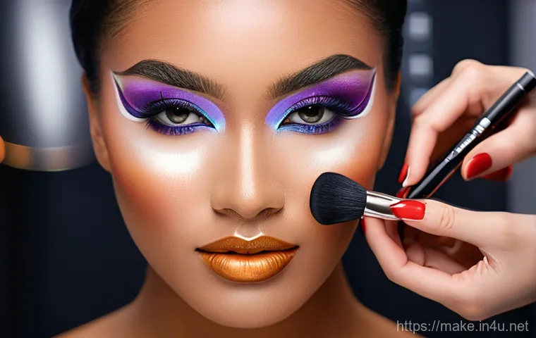 메이크업 실습 사례 공유 - A focused young Korean female makeup artist, wearing a neat professional uniform, meticulously appli...