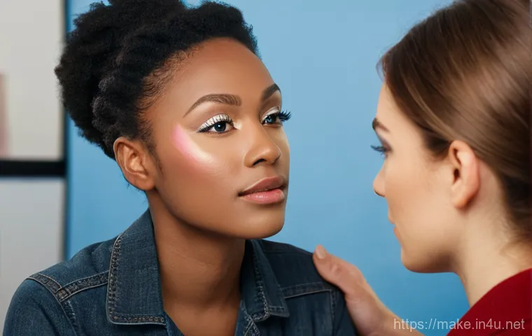 메이크업 실습 사례 공유 - A vibrant scene in a professional beauty academy where diverse aspiring makeup artists (male and fem...